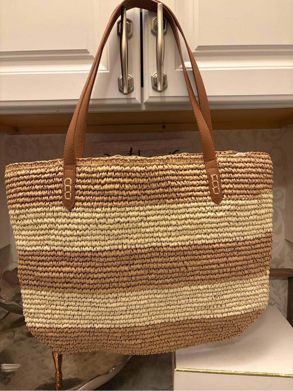 Tommy Bahama Two-Tone Woven Straw Tote with Tan Handles
